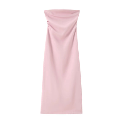Women Fashion Summer New Sexy Split Back Zip Pleated Sleeveless Strapless Dress Chic Female French Elegant Evening