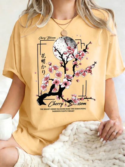 Japanese Cherry Blossom Design Women'S T-Shirt Loose Cotton T Shirts Crewneck Trendy Short Sleeve Y2K Summer Casual Streetwear
