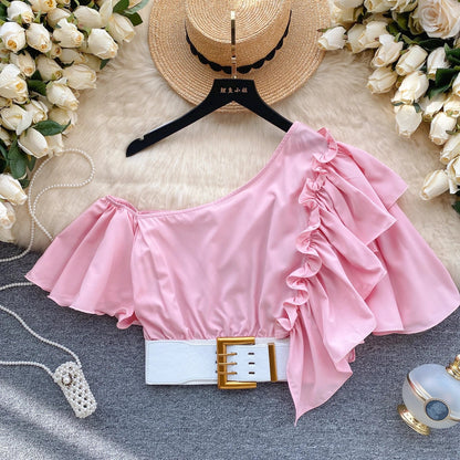 American Chic Blouse for Women Flounced Edge Skew Collar Bare Midriff Belt Skinny Shirts Summer Casual Female Tops Dropshipping