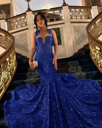 Elegant Gold Diamonds Long Prom Dress Luxury Beads Crystals Sequins Mermaid Birthday Wedding Party Gown Customized