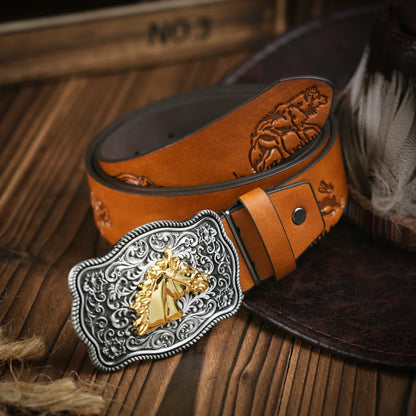 Western Cowboy Leather Buckle Belts Horse Pattern Floral Engraved Buckle Belt for Men