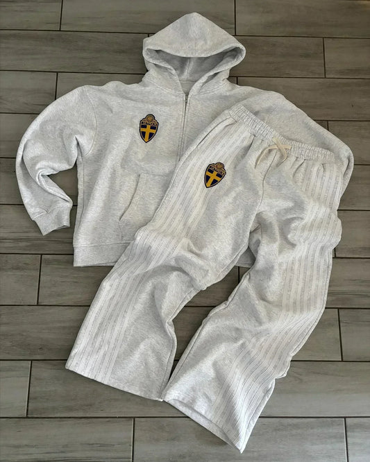 Y2K Zip Hooded Sweatpants Set Men Two Piece Hip Hop Embroidered Vintage Stripe Oversized Hooded Sweatshirt Casual Pants Set