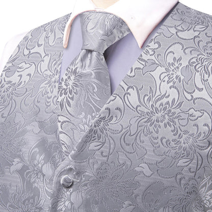 Men's Floral Vest & Tie Hanky Cufflinks Set – Formal Biege Grey White Waistcoat for Weddings Events Party Gift