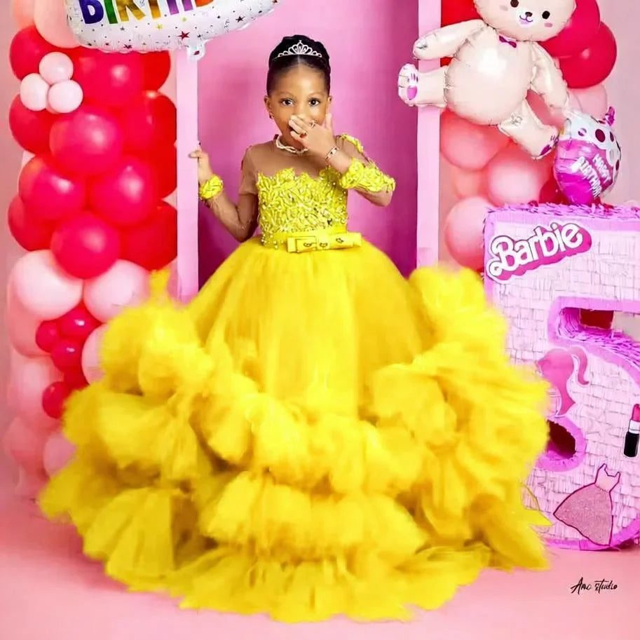 Fuchsia Princess Girls Birthday Party Dress Tiered Ruffles Long Sleeve Flower Girl Dresses for Wedding Kids Prom Gown Customized