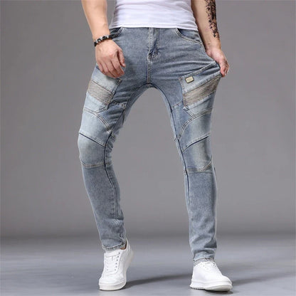 Men's Patchwork Skinny Ripped Jeans Fashion Trousers Elastic Slim Hole Biker Denim Pants Hip-hop Rock American Streetwear
