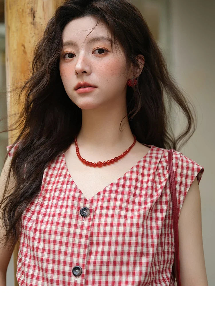 Women's Fashion V-neck Shirt 2026 Summer New Plaid Ladies Red Button Shirt Casual Retro Top Female Clothing MXE37X1921