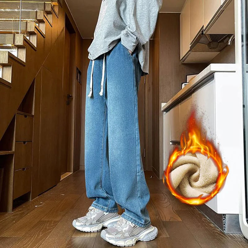 Thick Winter Straight Men's Jeans Fleece Warm Loose Plush Trousers Fashion Casual Wide-leg Plush Denim Pants Male