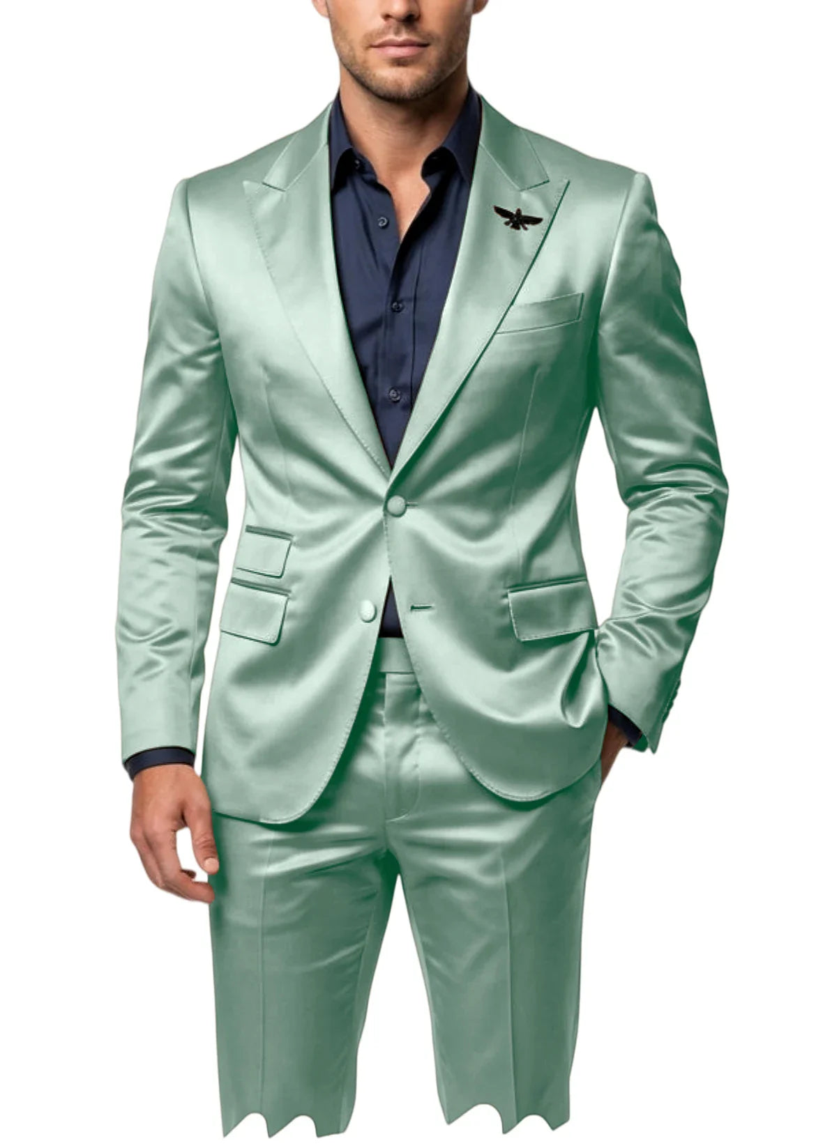 Men's Satin 2-Piece Suit Set Slim Fit Peak Lapel Tuxedo Blazer With Straight Leg Pants For Wedding Party Formal Wear