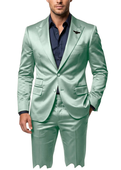 Men's Satin 2-Piece Suit Set Slim Fit Peak Lapel Tuxedo Blazer With Straight Leg Pants For Wedding Party Formal Wear