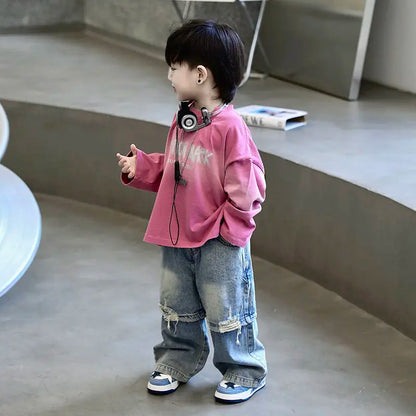 2pcs Set Children's Clothing 2026 Boy Spring Autumn New Korean Version Pink Gradient Base Shirt Fashion Personalized Denim Pants