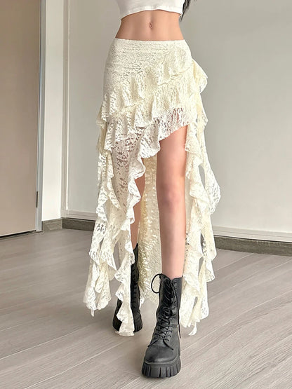 Women Tassel Skirt Irregular Hem Multi Layered Ruffles Lace Patchwork Sweet Summer Daily Wear Skinny Versatile Purple Skirt