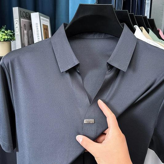 High quality ice silk short sleeve T-shirt men's lapel top trendy brand design cool silky breathable summer casual polo shirt
