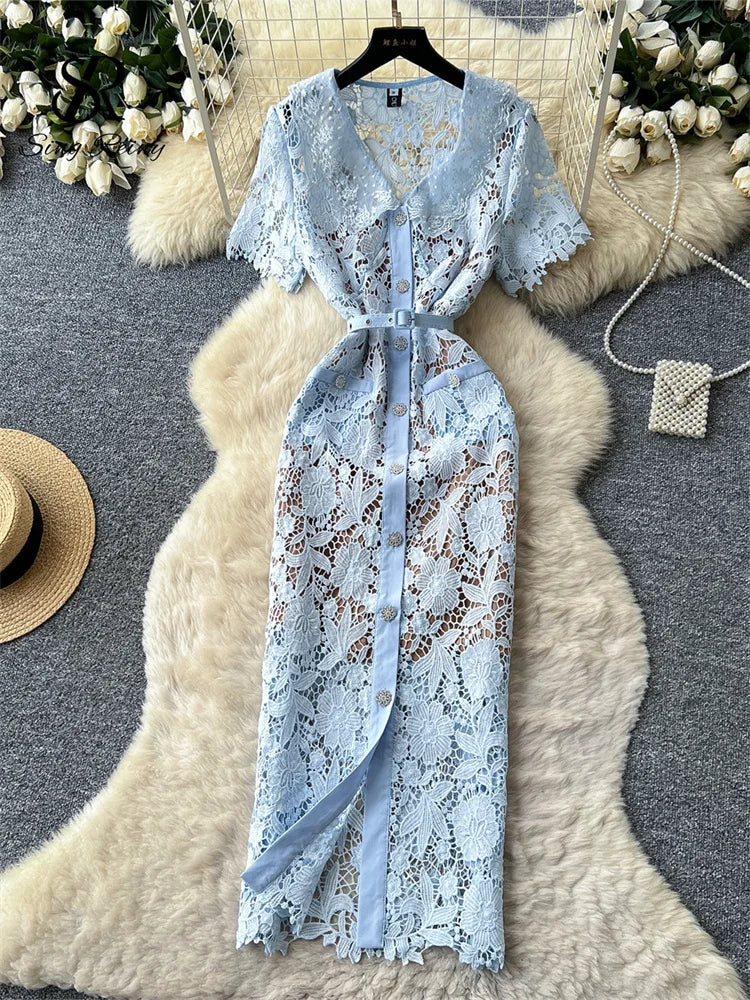 Classy Vintage Flower Lace Dress Office Lady Hollow Out Sashes Short Sleeve Bodycon French Senior Straight Long Dress