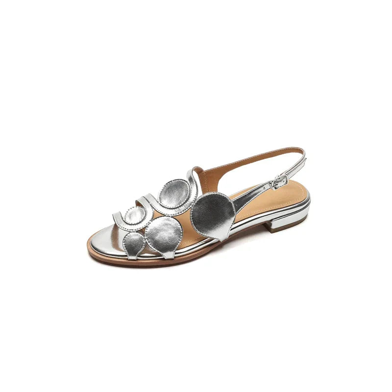 Women's New Round Head Spring/Summer Genuine Leather Sheepskin Spliced Low Heel Large Size Elastic Open Toe Sandals