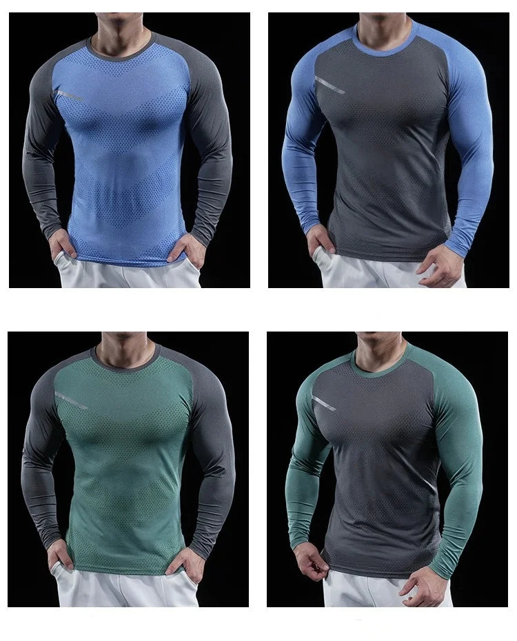 Autumn Winter Men Gym Fitness Display Long Sleeve T-Shirt Crew Neck Elastic Moisture Wicking Tights Running Training Bottom Top