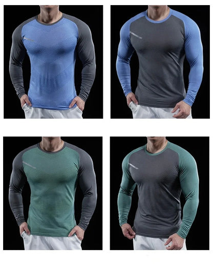 Autumn Winter Men Gym Fitness Display Long Sleeve T-Shirt Crew Neck Elastic Moisture Wicking Tights Running Training Bottom Top