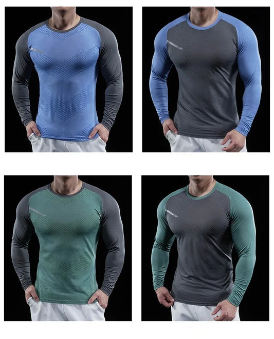 Autumn Winter Men Gym Fitness Display Long Sleeve T-Shirt Crew Neck Elastic Moisture Wicking Tights Running Training Bottom Top