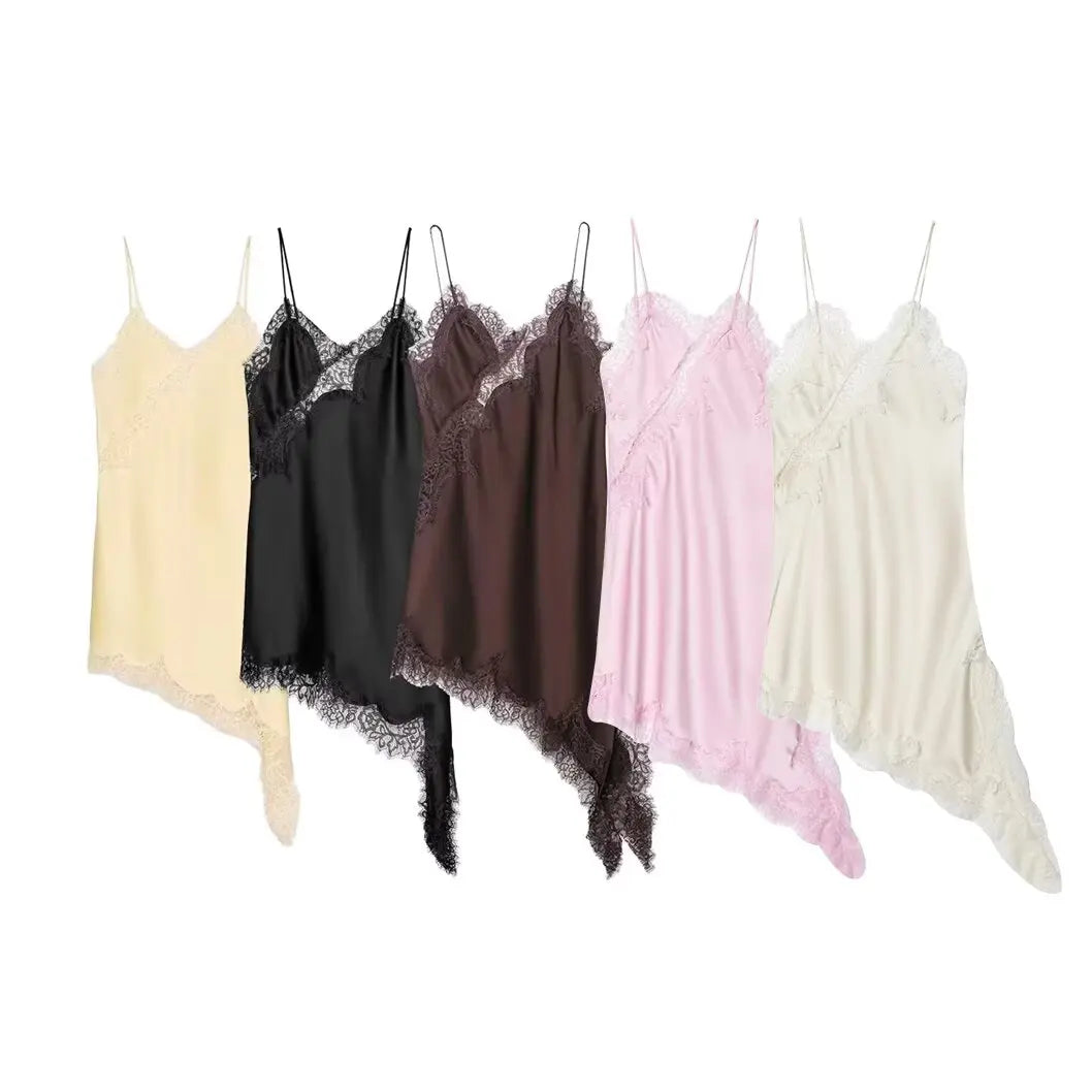 Summer Women Fashion Asymmetry Lace Decorate Dress Female Sexy Sleeveless Backless Halter Neck Collar Beach Party Dress