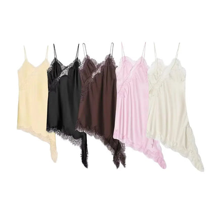 Summer Women Fashion Asymmetry Lace Decorate Dress Female Sexy Sleeveless Backless Halter Neck Collar Beach Party Dress