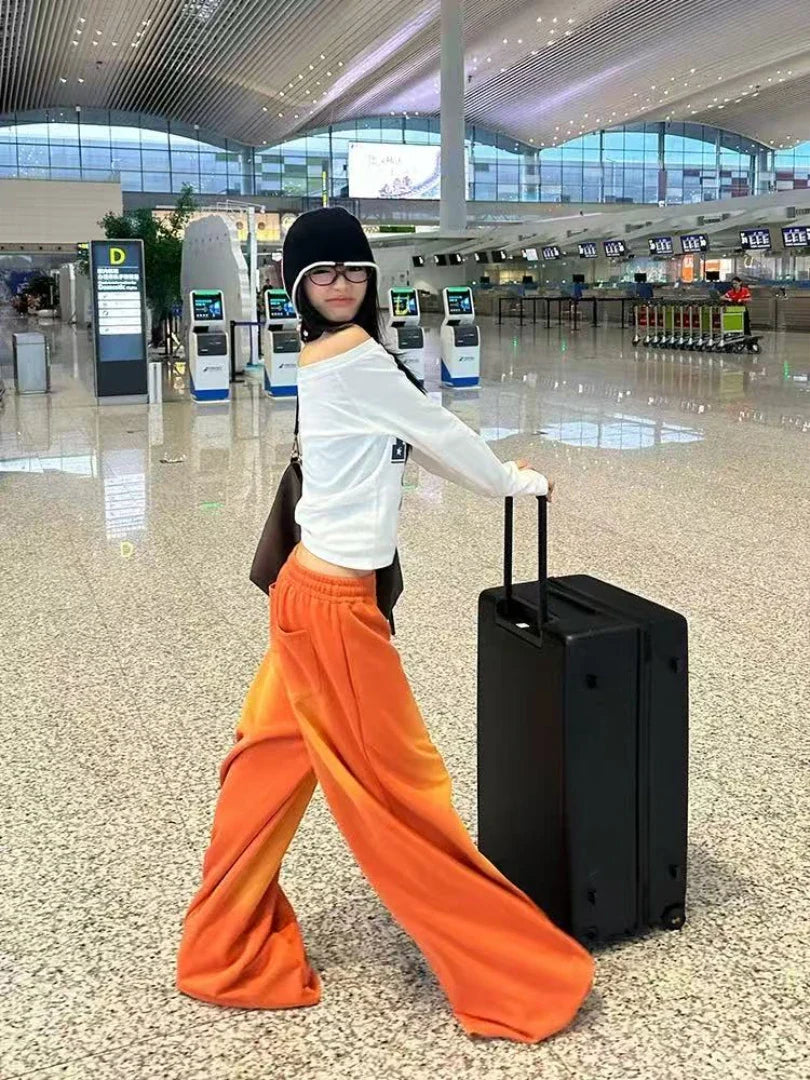 Women's Jeans Orange Mid Low Waist Washed Retro Wide Leg Loose Sports Kpop Hip-hop Street Pants Fashion Women's Pants