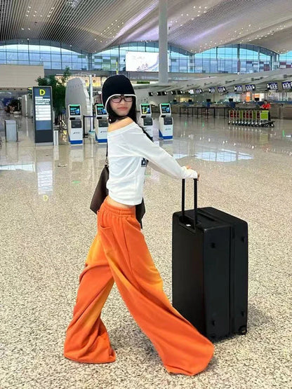 Women's Jeans Orange Mid Low Waist Washed Retro Wide Leg Loose Sports Kpop Hip-hop Street Pants Fashion Women's Pants