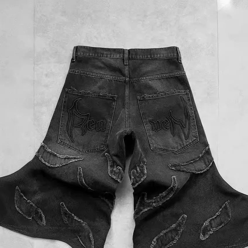Mens Jeans Y2K Vintage Streetwear Black Wide Leg Denim Pants Ripped Patchwork Raw Hem Distressed Loose Fit Dark Punk Fashion