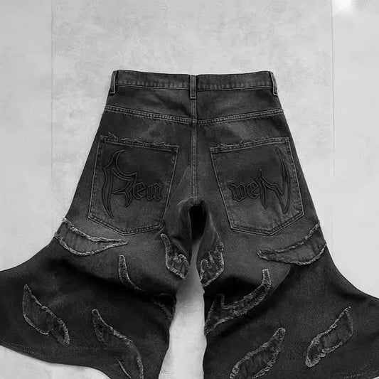 Mens Jeans Y2K Vintage Streetwear Black Wide Leg Denim Pants Ripped Patchwork Raw Hem Distressed Loose Fit Dark Punk Fashion