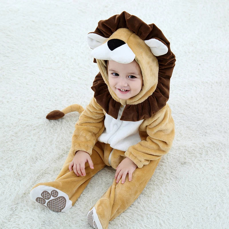 Cartoon Little King of Beasts Lion Costume Romper Jumpsuit for Baby Boy Infant Toddler Winter Outfit Pajamas Flannel Comfy 3-36M