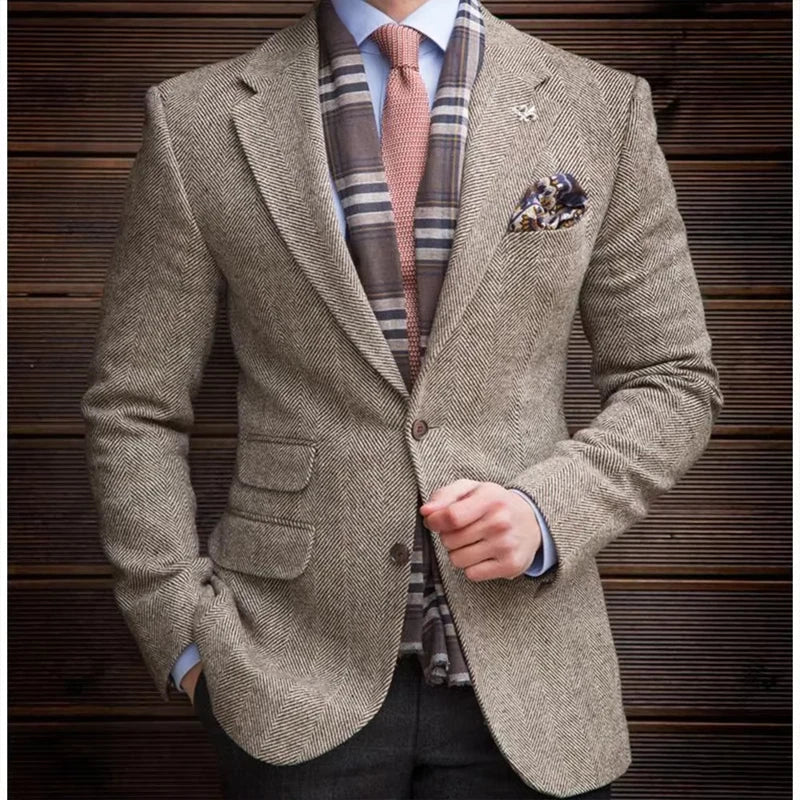 High Quality Men's Vintage Herringbone Tweed Blazer Wool Blend Single Breasted Lightweight Casual Sport Coat Formal Jacket