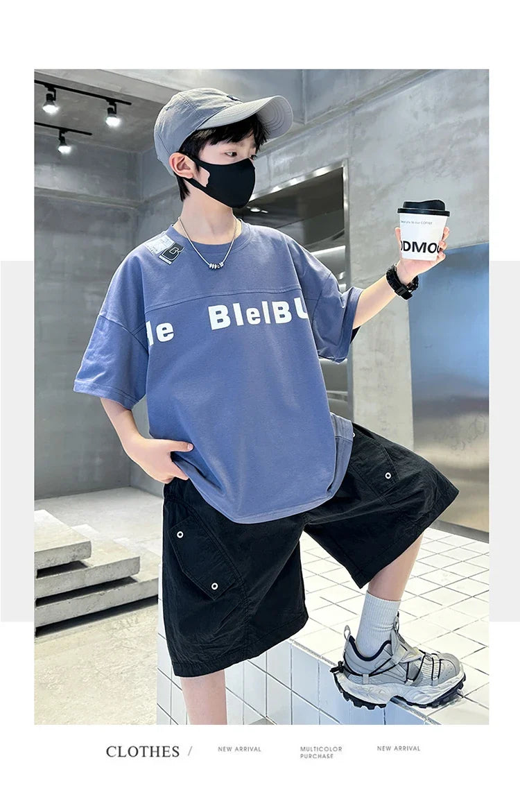 New Casual Boys Top and Bottom Clothes Set Summer Suit for Tween Children Clothing Kids Teenager Shorts Sleeve Tshirt Shorts Set