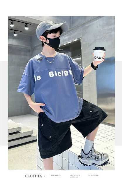 New Casual Boys Top and Bottom Clothes Set Summer Suit for Tween Children Clothing Kids Teenager Shorts Sleeve Tshirt Shorts Set