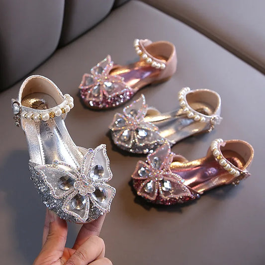 Kids Sandals for Girls Spring Summer Children Rhinestone Butterfly Dress Flat Sandals Fashion Causal Princess Pearl Single Shoes