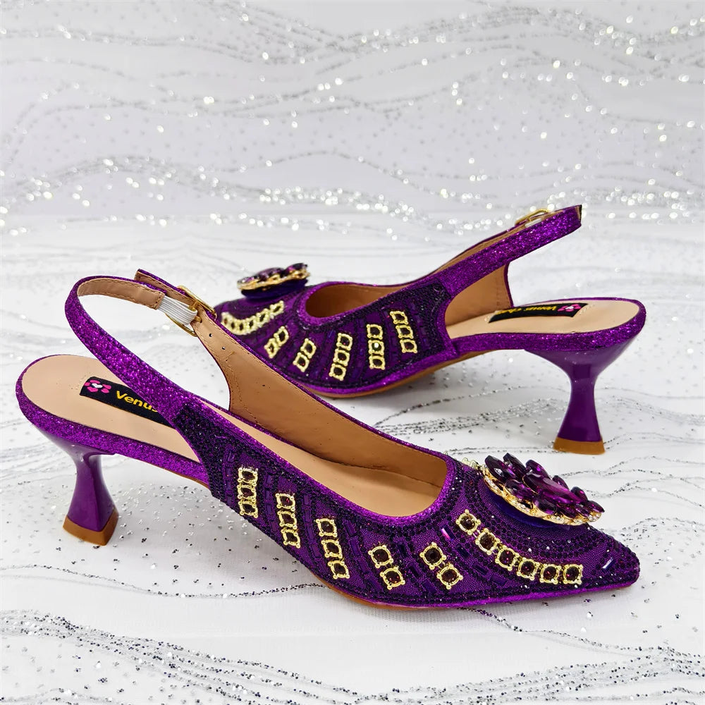 Wome High Heel for Lady 2025 Luxury Designer Orange Color Full Diamond Pointed Toe Wedding Shoe and Bag Set for Party