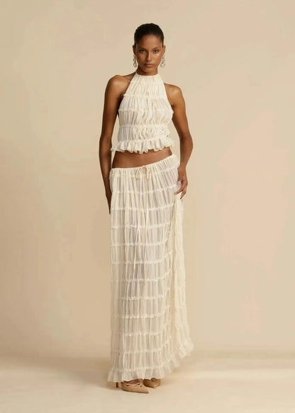 Fashion Halter Neck Long Skirt Suit Women Backless Sling Top Lace Up Fold Maxi Skirts New Summer Female 2 Piece Set Outfits