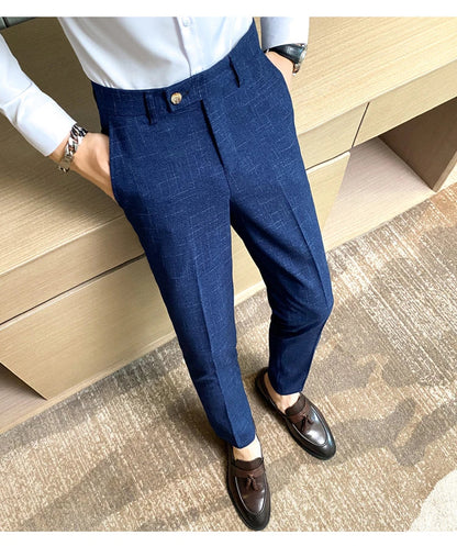 Boutique Classic Plaid and Striped Fashion Men's Casual Business Slim Suit Pants Groom Wedding Dress Trousers Party