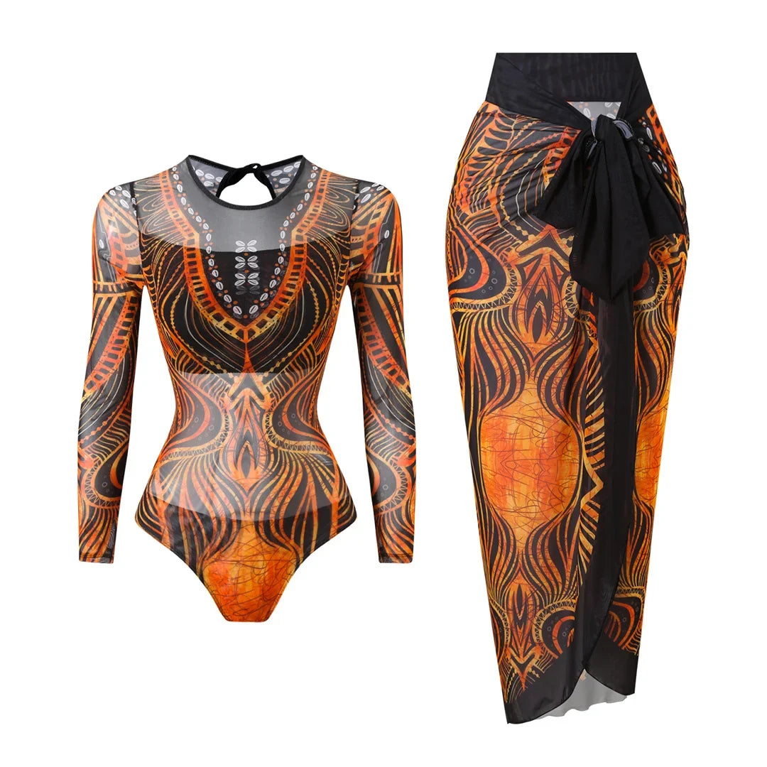 S - XXL Printed Long Sleeve With Sarong One Piece Swimsuit Women Swimwear Female Flowers Padded Bather Bathing Suit Swim V7181