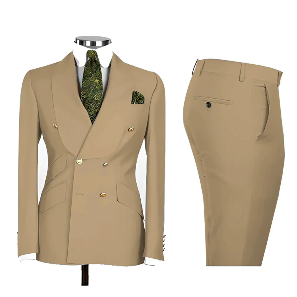 Lvory Shawl Lapel 2 Piece Suit Double Breasted Men's Jacket Pants with Gold Buttons Formal Wedding Groom Attire Prom Tuxedos