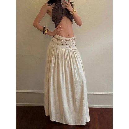 Vintage Beading Midi Skirt Women Vacation Beach Low Waist Skirts Summer Ladies Streetwear Korean Casual Design A Line Faldas New