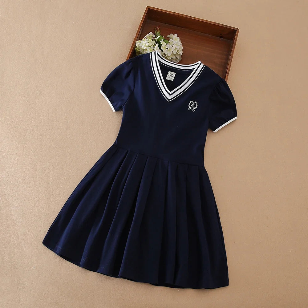 Girls' Navy Summer Dress V-Neck Polo Pleated Dress for School 5-12 Years Girls Clothing