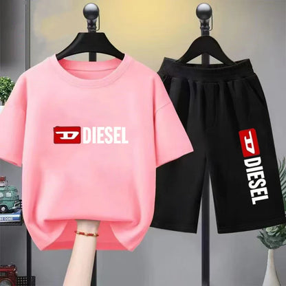 Boys Girls Age 3-12 Tee+shorts Suit Children Short Sleeve T-shirts Casual Pink Black Fashion Summer Child Loose Clothes