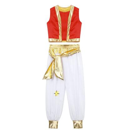 Boys Girls Prince Costume Arabian Prince Fairy Tale Character Cosplay Suits Belly Dance Golden Trim Vest with Satin Bloomer Set