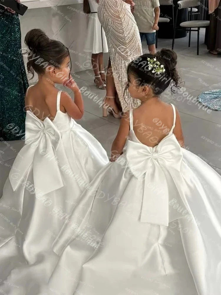 Simple Satin First Communion Dress With Bow Spaghetti Strap Backless Flower Girl Dress for Wedding 2-14 Kids Birthday Party Gown