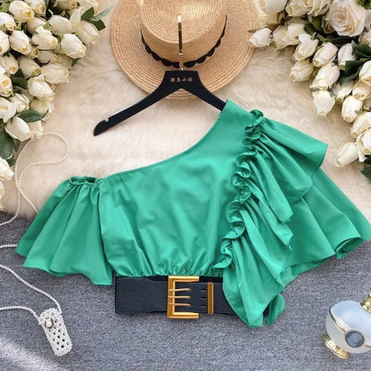 American Chic Blouse for Women Flounced Edge Skew Collar Bare Midriff Belt Skinny Shirts Summer Casual Female Tops Dropshipping