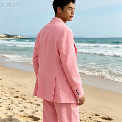 Men's Linen Suit Classic Notch Lapel 3 piece(Blazer+Vest+Pants)Breathable Wide Leg Trousers for Groom Spring Summer Party