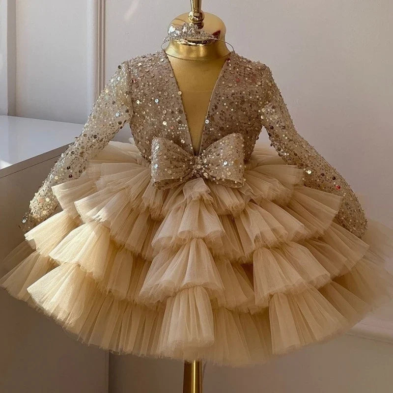 Customized Flower Girl Dresses Cute Pink Glitter Sequined Shiny Puffy Organza With Bow Fit Wedding Party Princess Ball Gowns