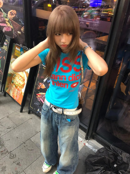 Karrram Japanese Y2k Letter Print T-shirt Trashy 2000s Style Crop Top Vintage Harajuku Short Sleeve Tee Shirt American Retro 90s