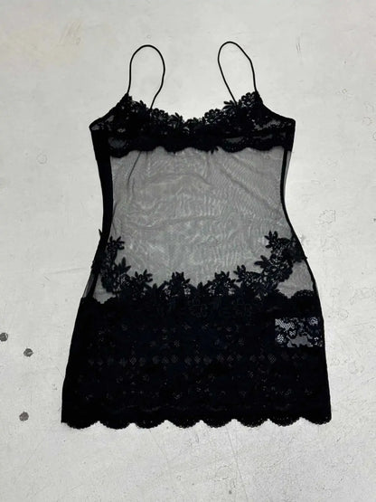 Lace Transparent Mini Dress Sexy Women Wrapping Spaghetti Embroidery Flower Sheath Nightwear Club Mesh Wave Fantacy