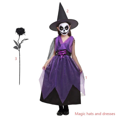 Kids Witch Halloween Costume Witch Cosplay Dress and Magic Hat Set Carnival Party Clothes for Girls Gothic Vampire Costume
