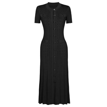 Three Color High-quality New Fashionable Elastic Knitted Hollow Round Neck Single Breasted Short Sleeved Slim Fit Women's Dress