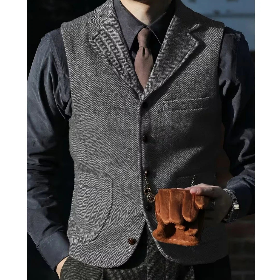 Men Vest Brown Herringbone With Lapel Single Breasted Waistcoat For Wedding Party Business Prom Work Daily Casual Men Suit Vest